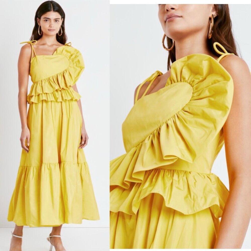Tanya Taylor Delphine Dress Lemon Yellow Ruffle Detail Midi Dress sz 10